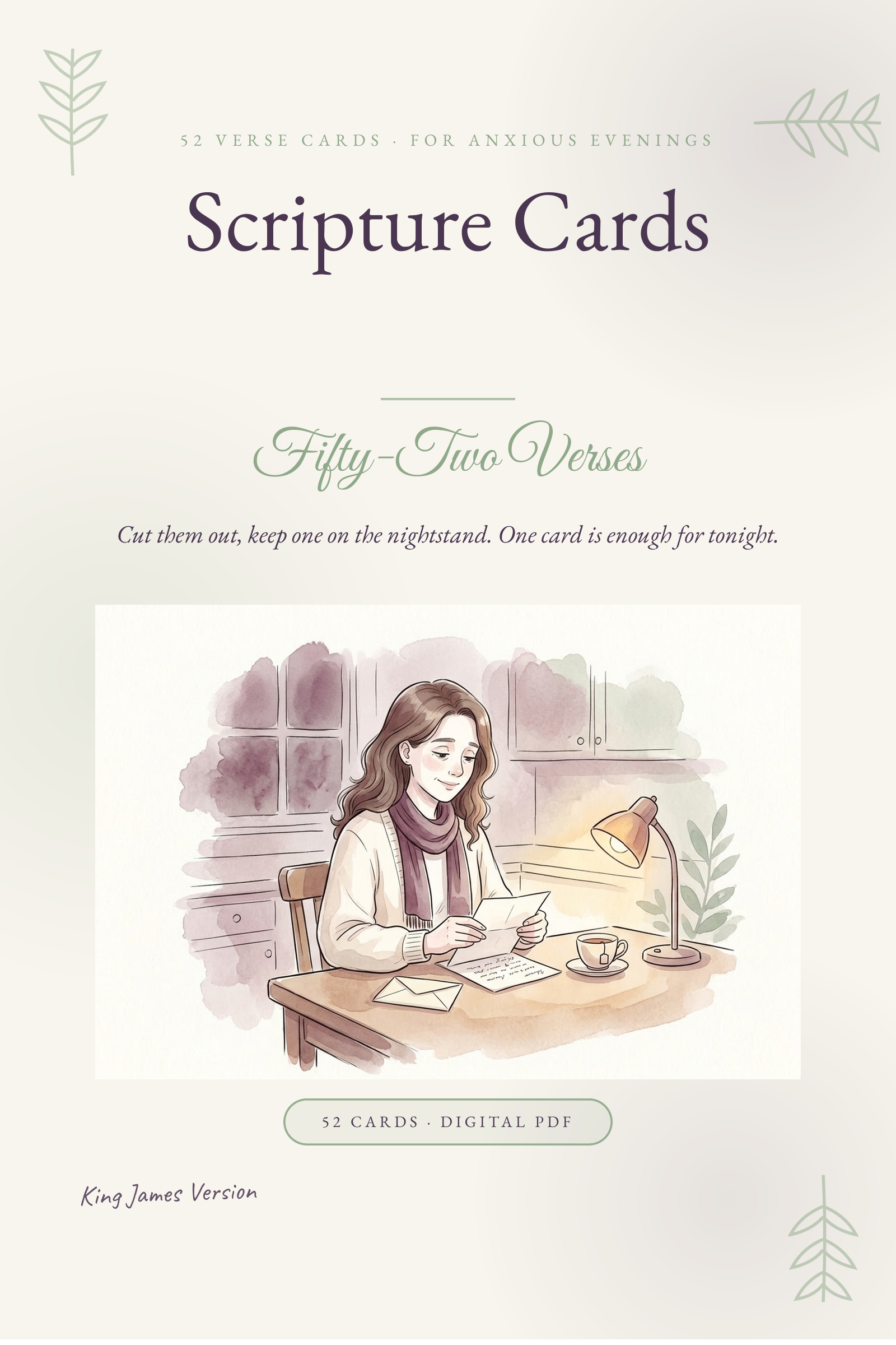 Scripture Affirmation Cards for Anxious Evenings | 52 Printable KJV Verse Cards (Digital PDF)
