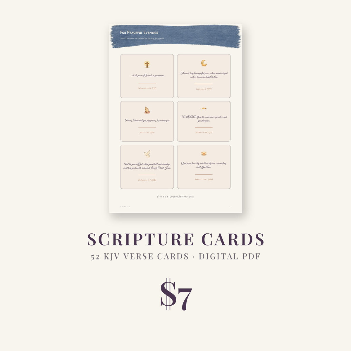 Scripture Affirmation Cards for Anxious Evenings | 52 Printable KJV Verse Cards (Digital PDF)